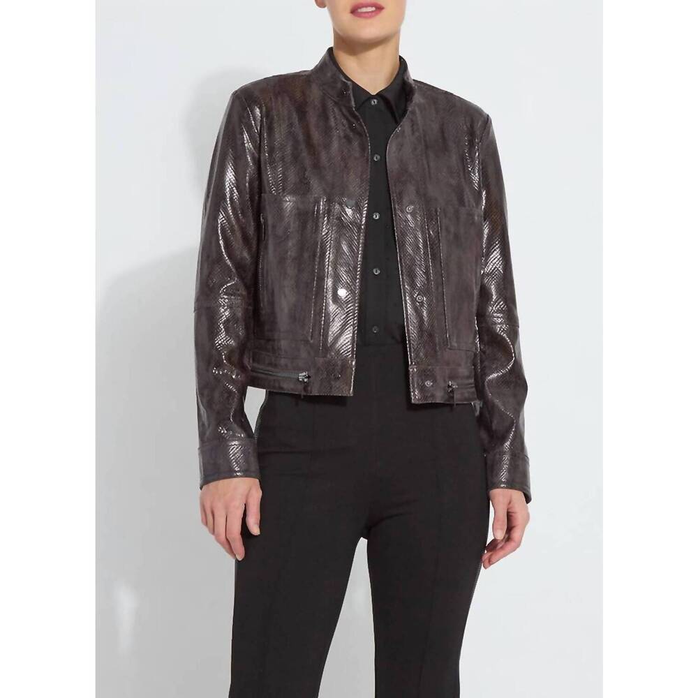 NEW LYSSE bennett patent vegan leather jacket in liquid mocha snake